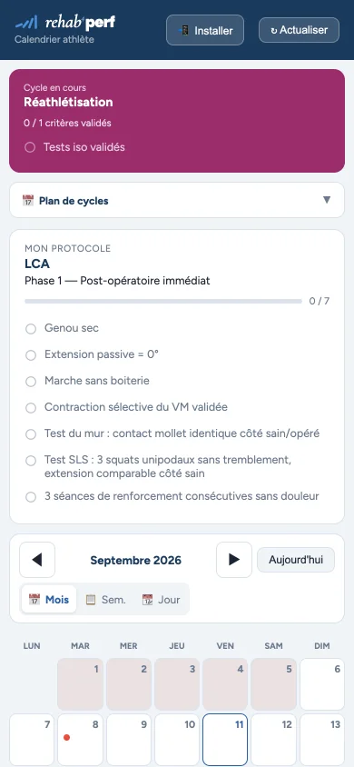 Espace athlète sur téléphone : cycle de réathlétisation en cours, critères du protocole LCA à valider, et calendrier du mois