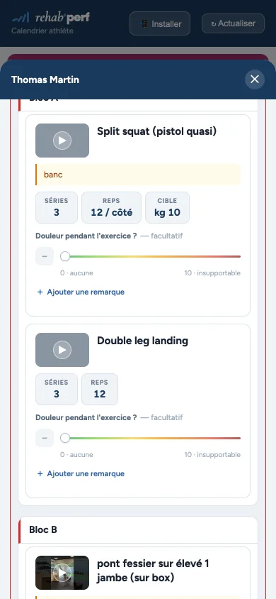 Séance vue par l'athlète : split squat, 3 séries de 12 par côté avec 10 kg de charge cible, consigne du praticien et curseur de douleur